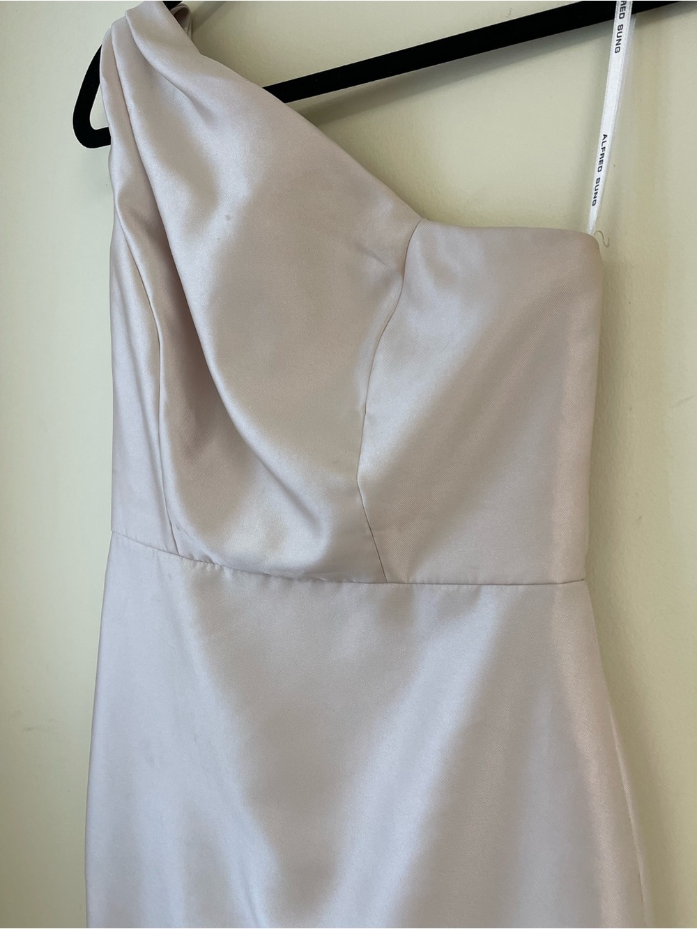 Alfred Sung One Shoulder Champagne Satin Bow Gown Size 8